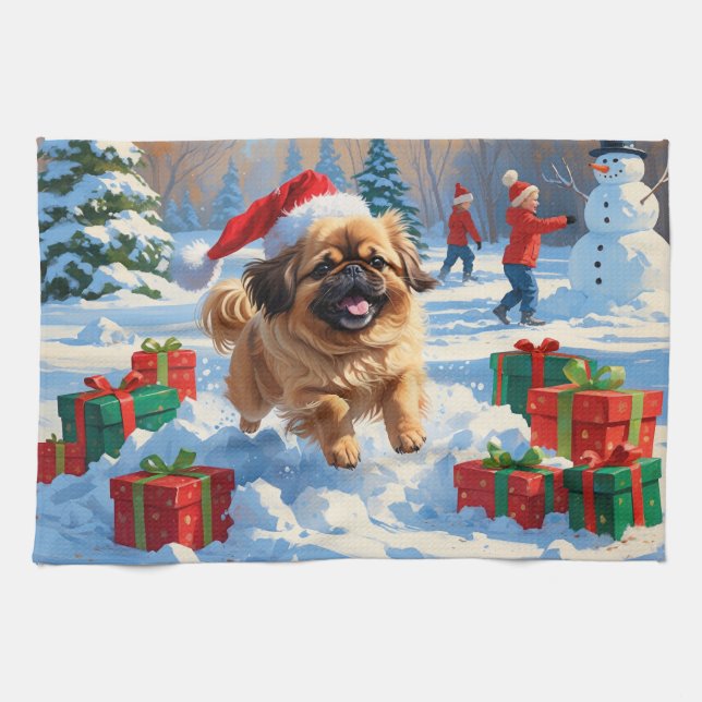 Pekingese Dog Running in Snow with Christmas Hat Kitchen Towel (Horizontal)
