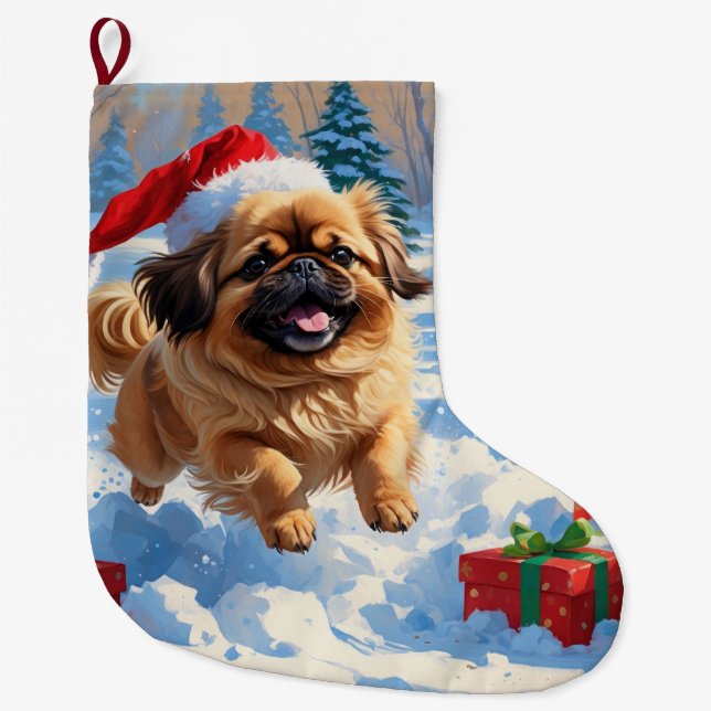 Pekingese Dog Running in Snow with Christmas Hat Large Christmas Stocking (Front)