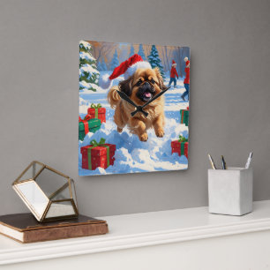 Pekingese Dog Running in Snow with Christmas Hat Square Wall Clock