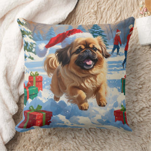 Pekingese Dog Running in Snow with Christmas Hat Throw Pillow