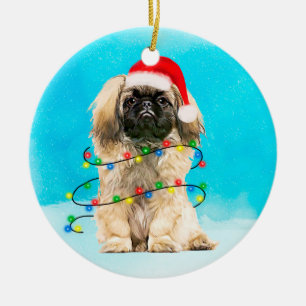 Pekingese Dog Sitting In Snow Christmas Hat Lights Ceramic Ornament