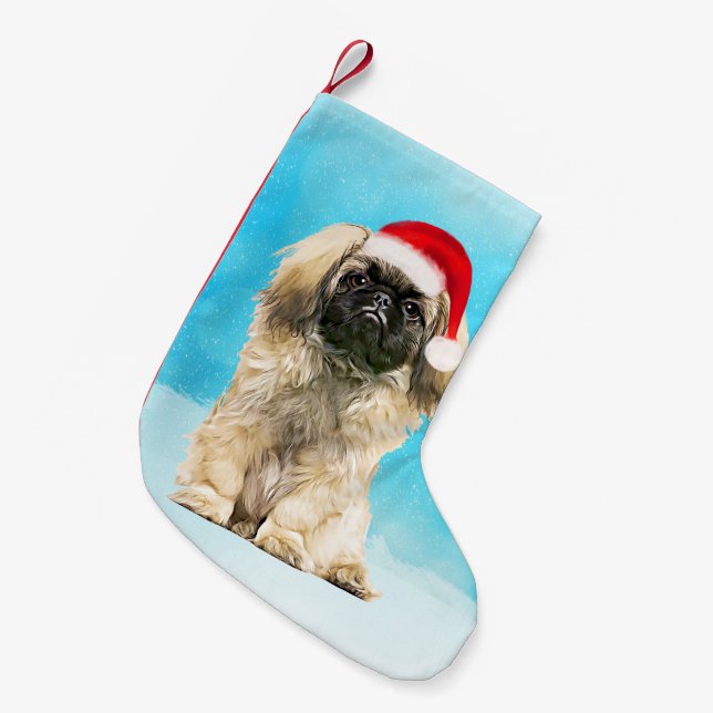 Pekingese Dog Sitting In Snow Christmas Hat Small Christmas Stocking (Front (Hanging))