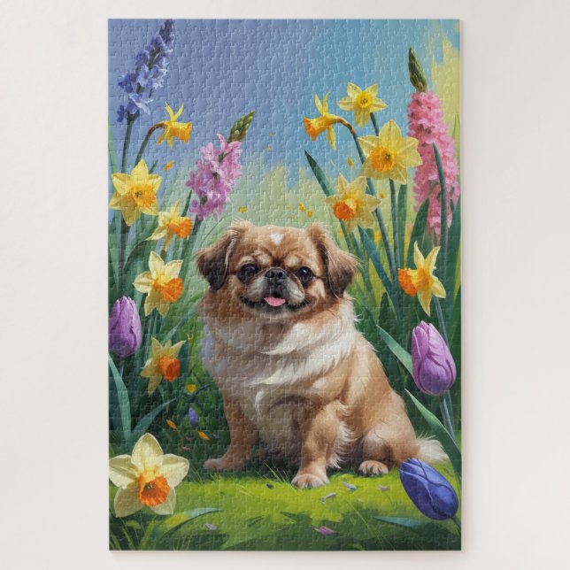 Pekingese Dog Spring Flowers Painting  Jigsaw Puzzle (Vertical)