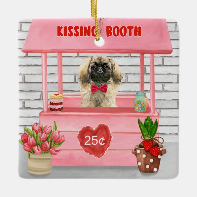 pekingese Dog Valentine's Day Kissing Booth Ceramic Ornament (Front)