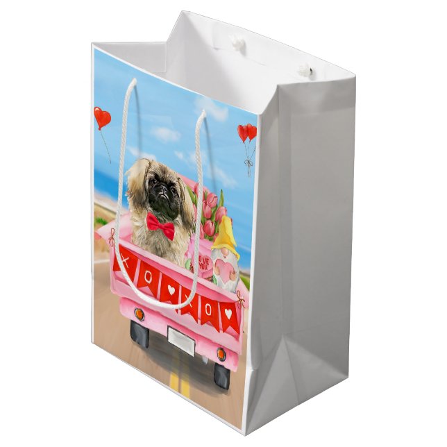 Pekingese Dog Valentine's Day Truck Hearts  Medium Gift Bag (Front Angled)