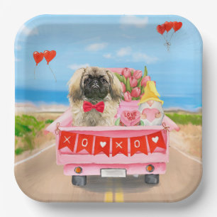Pekingese Dog Valentine's Day Truck Hearts Paper Plate