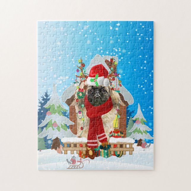 Pekingese dog with Christmas gifts Jigsaw Puzzle (Vertical)