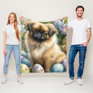 Pekingese Dog with Easter Eggs Holiday Fleece Blanket