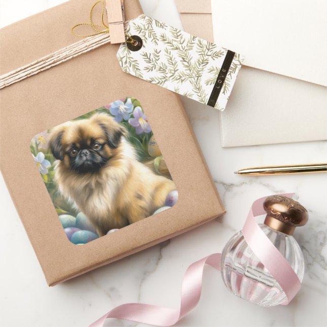 Pekingese Dog with Easter Eggs Holiday  Square Sticker (Gifting)