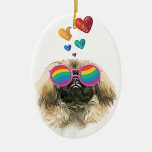 Pekingese Dog with Hearts Valentine's Day Ceramic Ornament