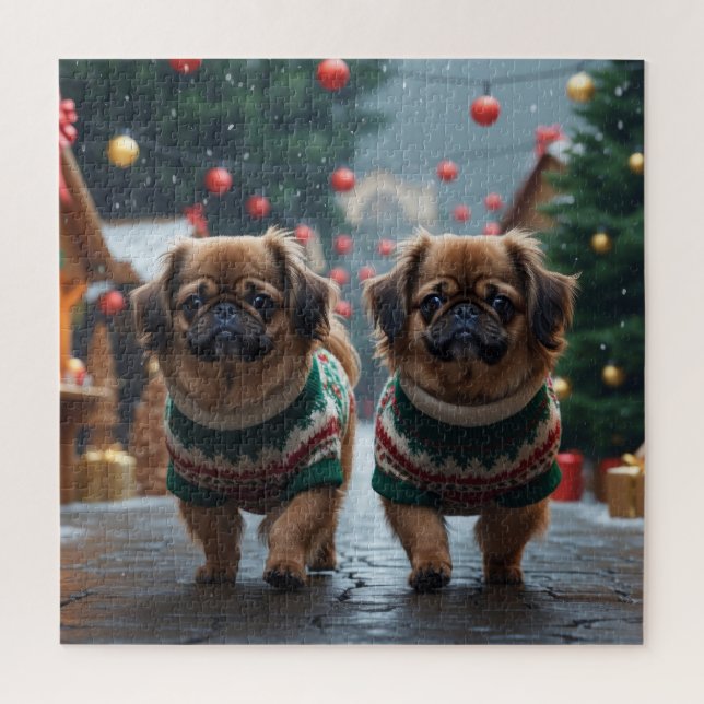 Pekingese Dogs Christmas Snow Holiday Jigsaw Puzzle (Vertical)