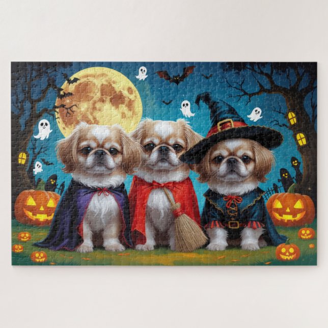 Pekingese Dogs Pumpkin Halloween Funny Jigsaw Puzzle (Horizontal)