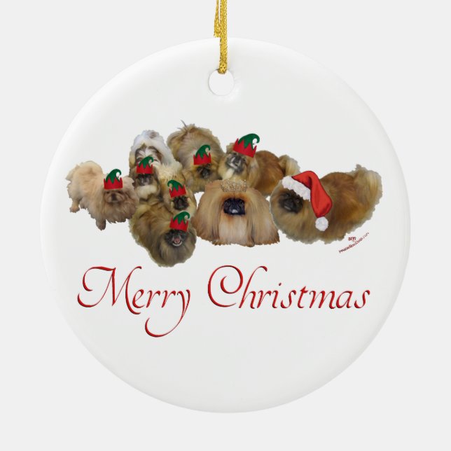 Pekingese Group Christmas Ceramic Ornament (Back)