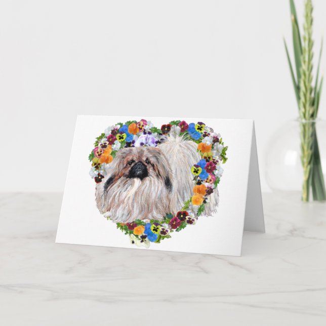 Pekingese in a Floral Heart Holiday Card (Front)