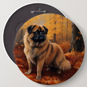 Pekingese in Autumn Leaves Fall Inspire 6 Inch Round Button