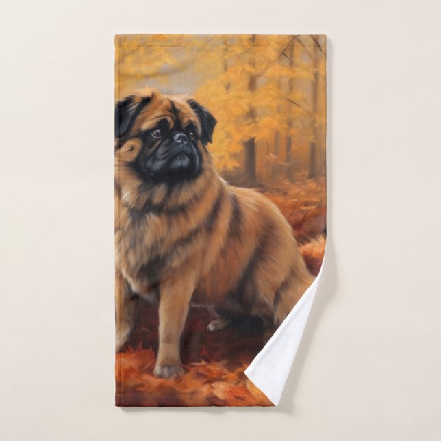 Pekingese in Autumn Leaves Fall Inspire Bath Towel Set (Hand Towel)
