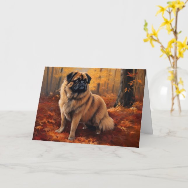 Pekingese in Autumn Leaves Fall Inspire Card (Yellow Flower)