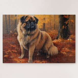 Pekingese in Autumn Leaves Fall Inspire Jigsaw Puzzle