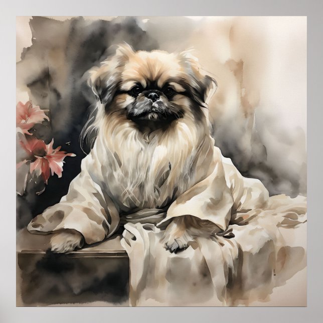 Pekingese Lounging in a Silk Robe Ink Drawing  Poster (Front)