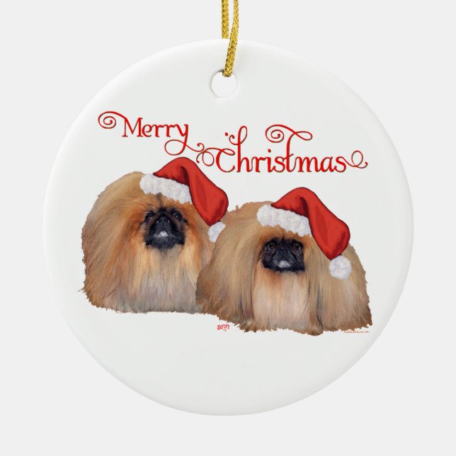 Pekingese Merry Christmas Ceramic Ornament (Front)