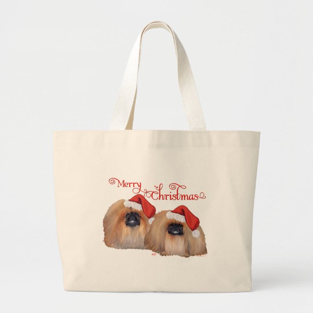 Pekingese Merry Christmas Large Tote Bag (Front)