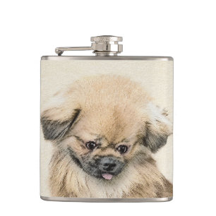 Pekingese Painting - Cute Original Dog Art Hip Flask