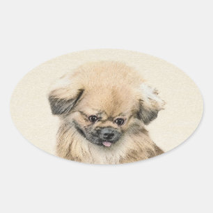 Pekingese Painting - Cute Original Dog Art Oval Sticker