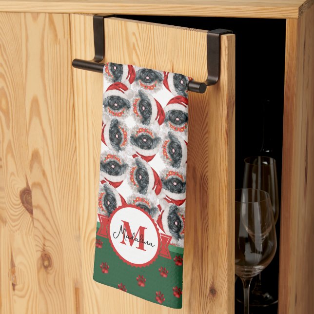 Pekingese Pattern Monogram Christmas Dog Kitchen Towel (Thirds Fold)