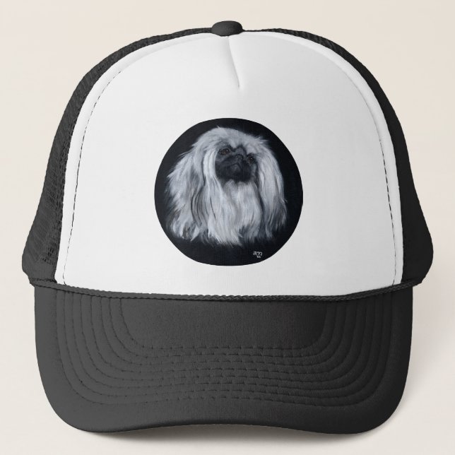 Pekingese Portrait in Black & White Trucker Hat (Front)
