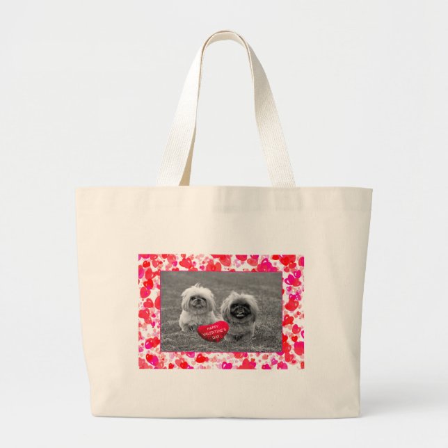 Pekingese Puppies wishing Happy Valentine's Day Large Tote Bag (Front)