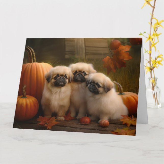 Pekingese Puppy Autumn Delight Pumpkin  Card (Yellow Flower)