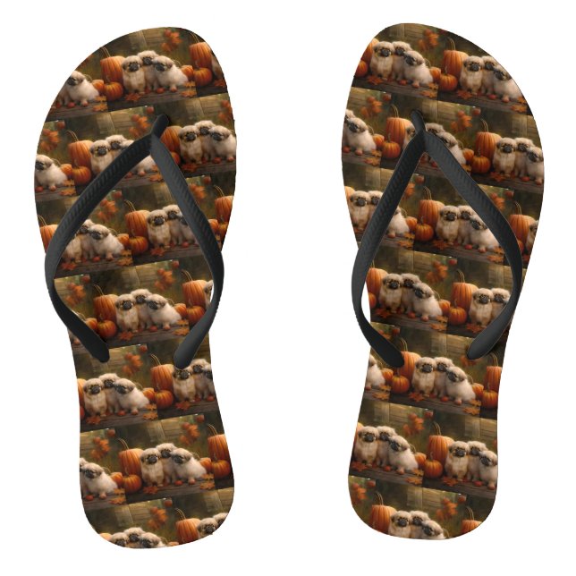Pekingese Puppy Autumn Delight Pumpkin  Flip Flops (Footbed)