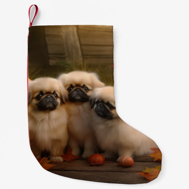 Pekingese Puppy Autumn Delight Pumpkin  Small Christmas Stocking (Front)