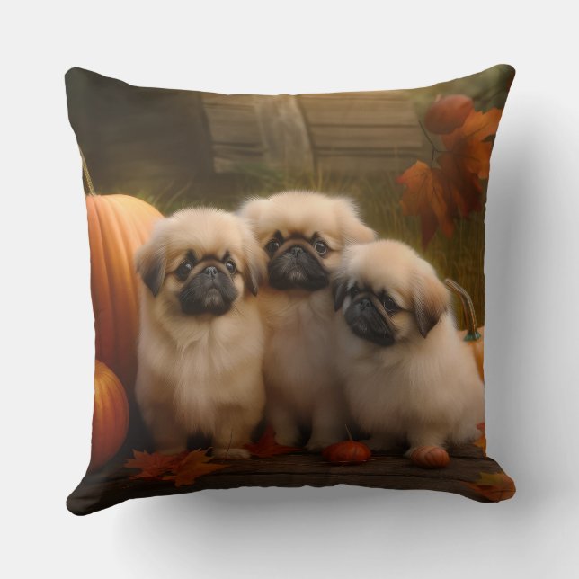 Pekingese Puppy Autumn Delight Pumpkin  Throw Pillow (Back)