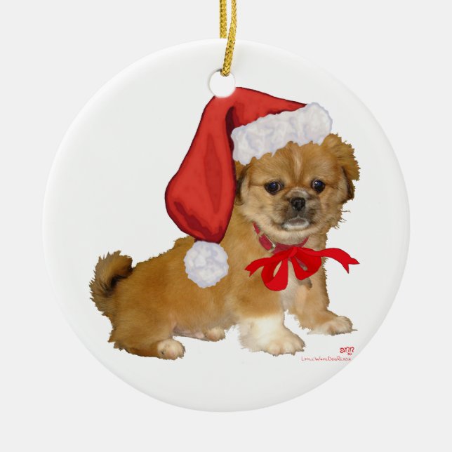 Pekingese Puppy Christmas Ceramic Ornament (Front)