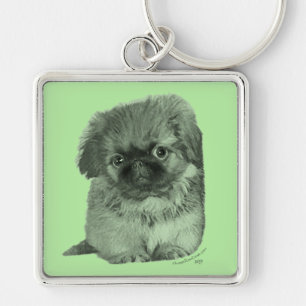 Pekingese Puppy Green Keychain