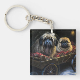 Pekingese Snowy Sleigh Christmas Decor Keychain