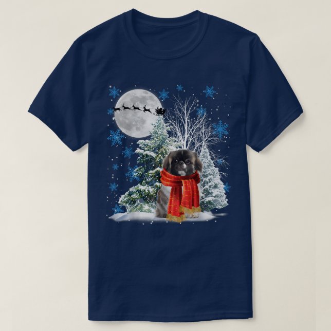 Pekingese Under Moonlight Snow Christmas Pajama  T-Shirt (Design Front)