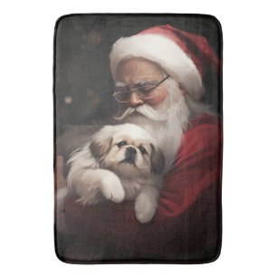 Pekingese With Santa Claus Festive Christmas Bath Mat