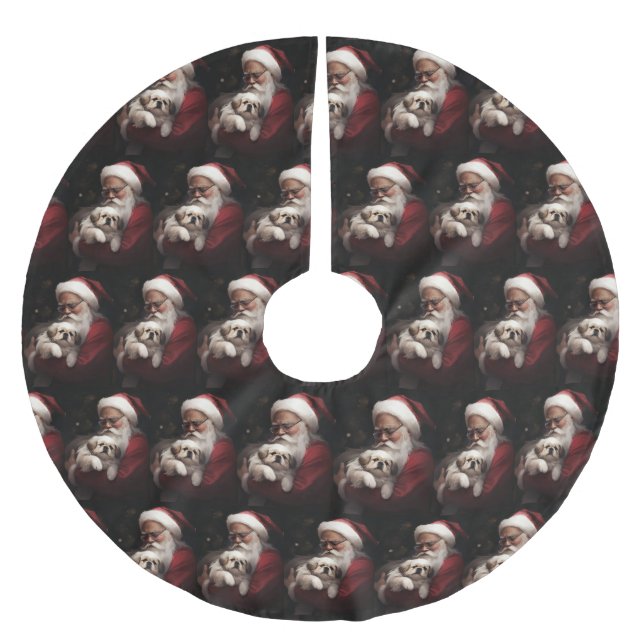 Pekingese With Santa Claus Festive Christmas Brushed Polyester Tree Skirt (Front)