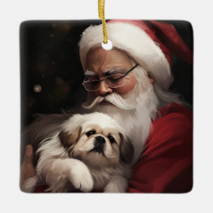 Pekingese With Santa Claus Festive Christmas Ceramic Ornament