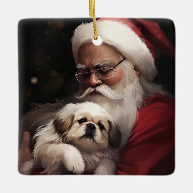 Pekingese With Santa Claus Festive Christmas Ceramic Ornament (Front)