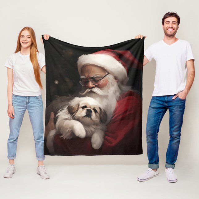 Pekingese With Santa Claus Festive Christmas Fleece Blanket (In Situ)