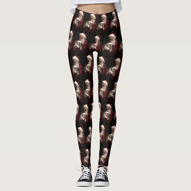 Pekingese With Santa Claus Festive Christmas Leggings (Front)