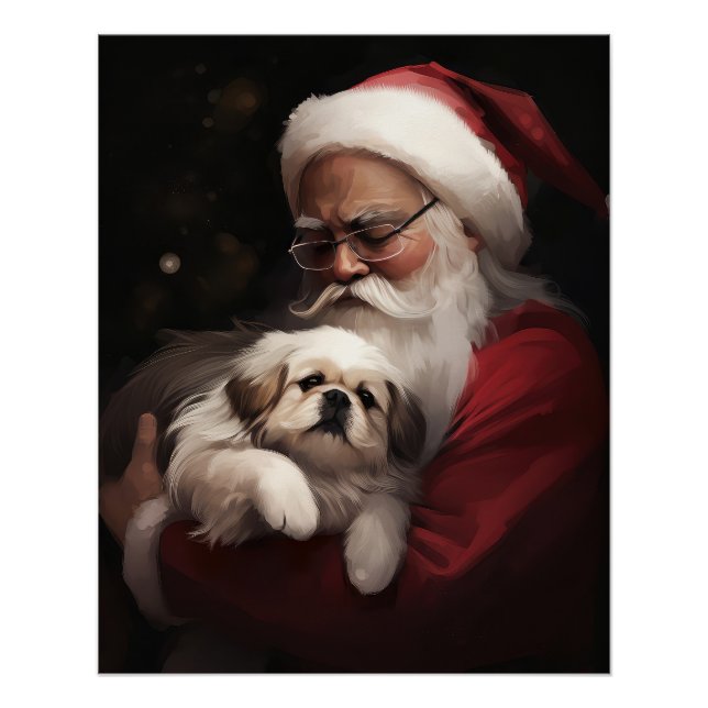 Pekingese With Santa Claus Festive Christmas Poster (Front)