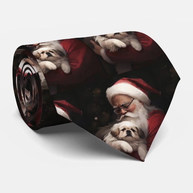 Pekingese With Santa Claus Festive Christmas Tie (Rolled)
