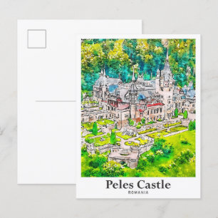 Peles Castle Romania Travel Watercolor Hand Drawn Postcard