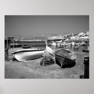 Pelican and Boats (Black and White) Poster