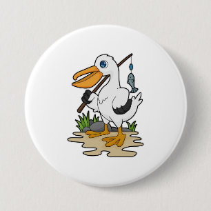 Pelican as Fisher with Fishing rod & Fish 3 Inch Round Button