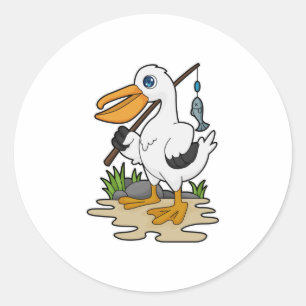 Pelican as Fisher with Fishing rod & Fish Classic Round Sticker